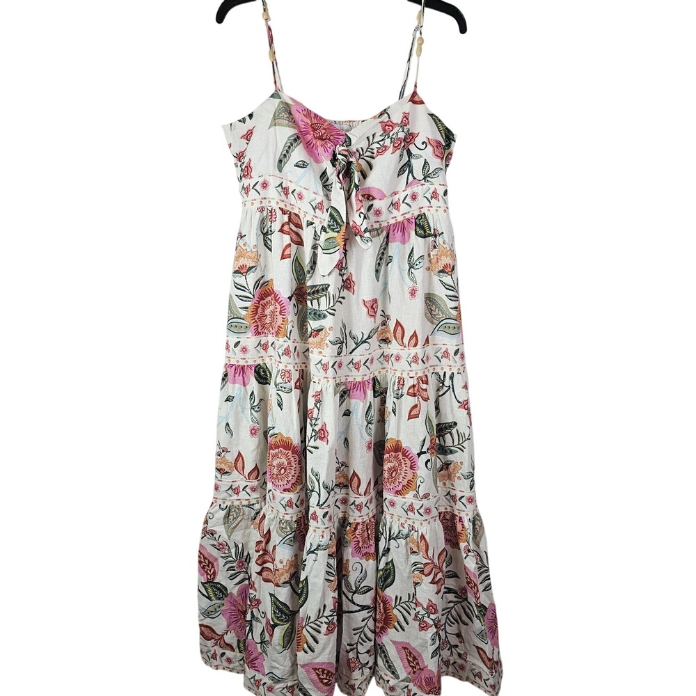 House of Harlow L White Pink Floral Bow Tie Linen Bead Straps Tiered Maxi Dress